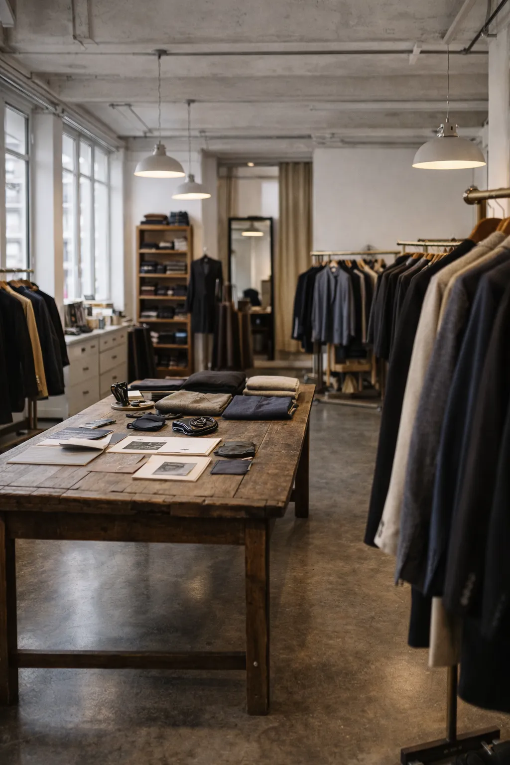 Intérieur du showroom Griffin à Lausanne, boiseries chaleureuses, vêtements suspendus sur cintres en bois, lumière naturelle tamisée, style alpin contemporain