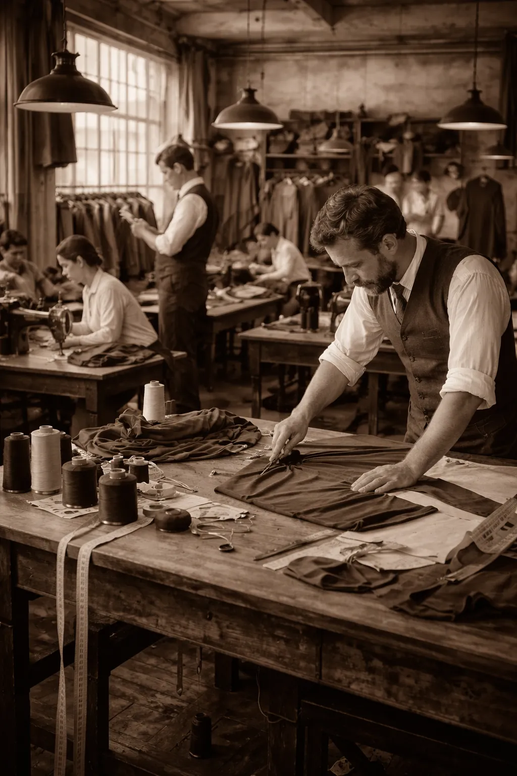 Intérieur d'un atelier textile suisse des années 1920 à Saint-Gall, métiers à tisser traditionnels, lumière naturelle traversant de grandes fenêtres, ambiance industrielle authentique