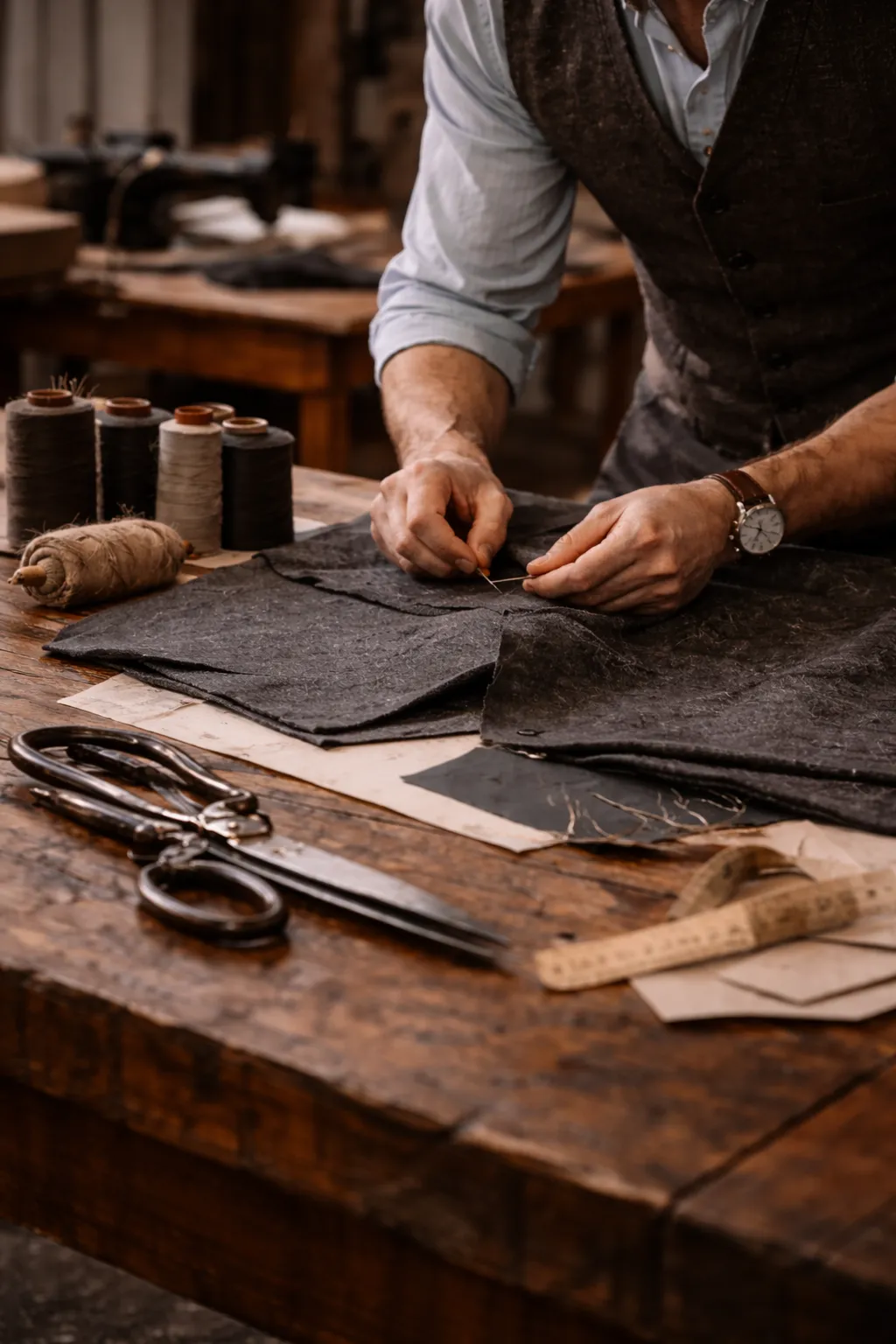 Intérieur d'atelier textile traditionnel suisse avec métiers à tisser anciens et lumière naturelle dorée