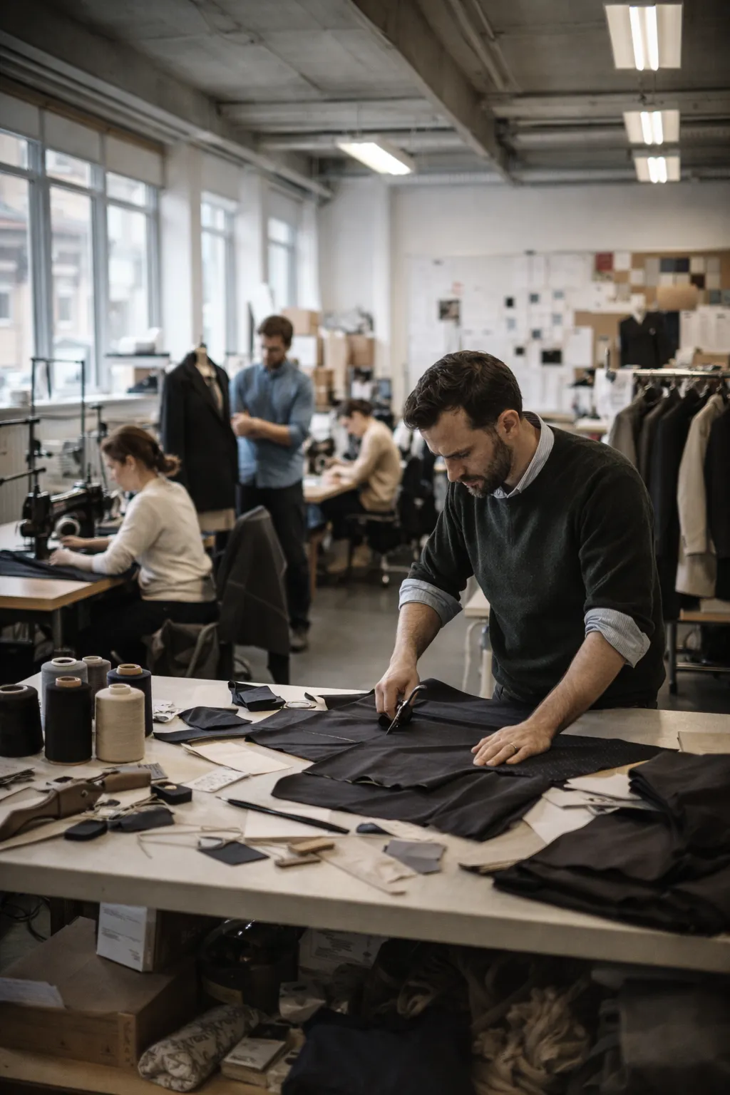 Studio de design moderne à Lausanne, espace créatif lumineux avec vue sur le Léman, tables de travail minimalistes, échantillons de tissus alpins
