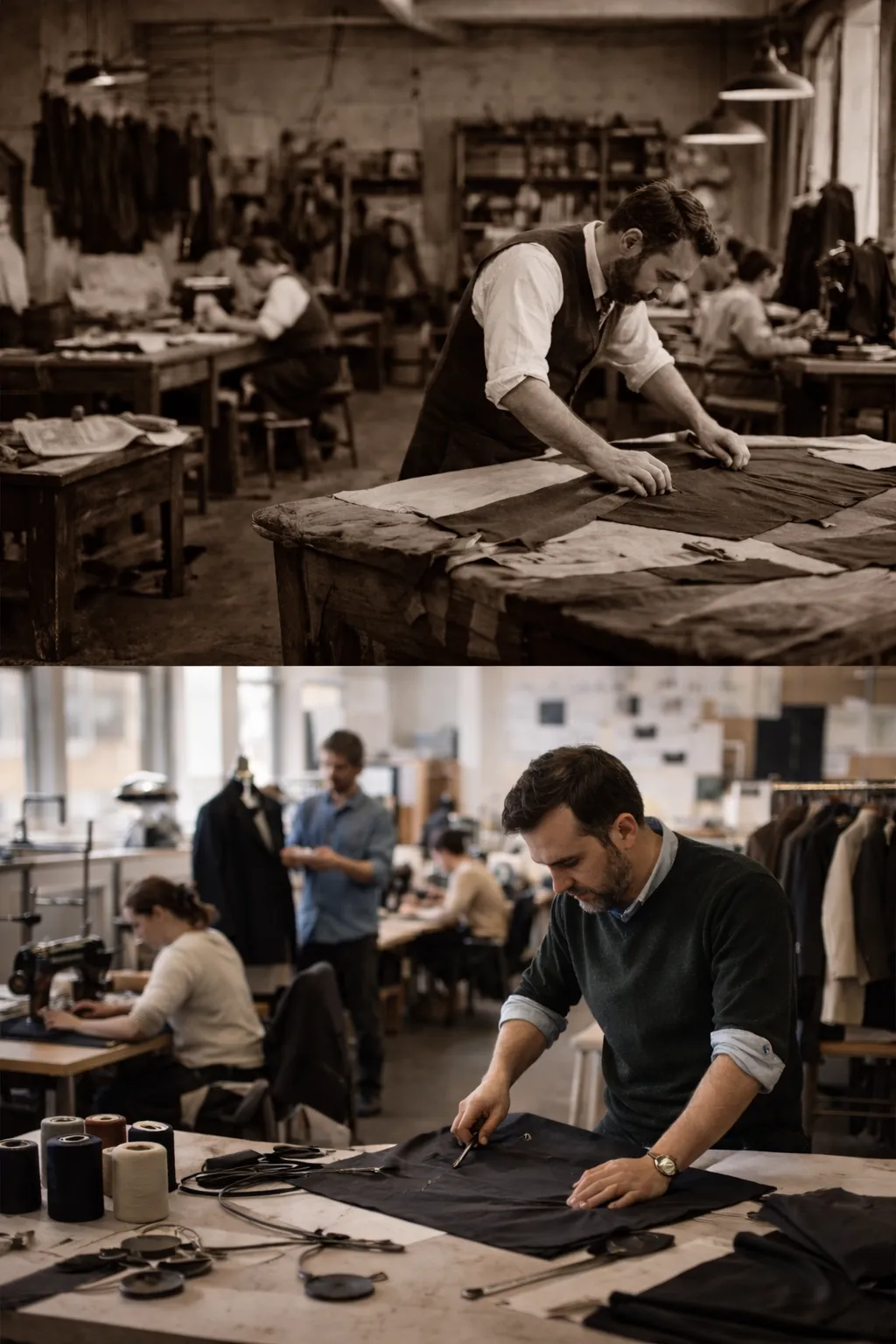 Archive historique d'un atelier textile suisse des années 1920 avec métiers à tisser traditionnels et ouvriers travaillant la laine alpinoise